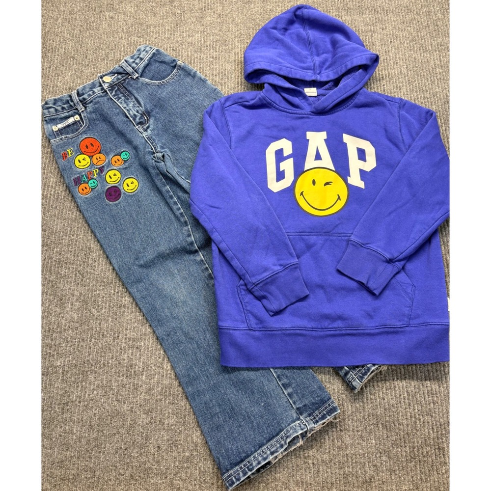 Gap Kids Smiley Face Hoodie & Revolt Be Happy Embroidered Jeans Set Blue Size 8
